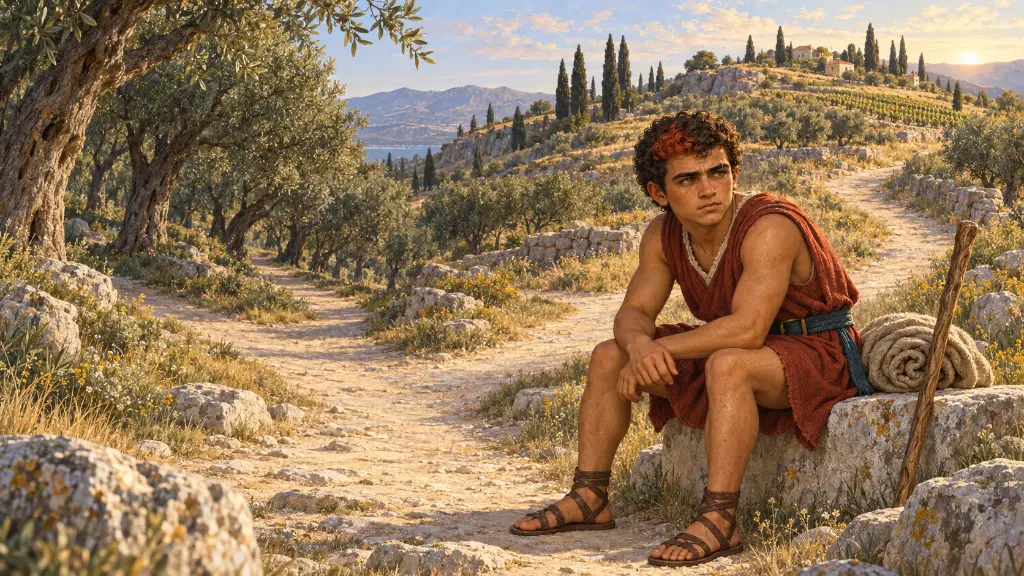 Ο νεαρός Ηρακλής κάθεται μόνος κοντά σε ένα ήσυχο αγροτικό σταυροδρόμι και συλλογίζεται.