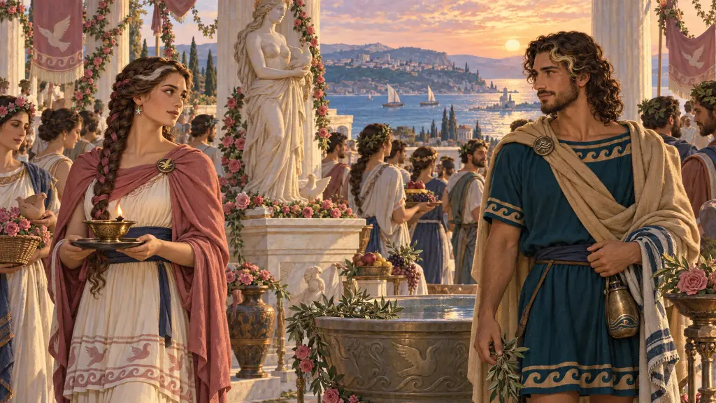 Η Ηρώ και ο Λέανδρος συναντιούνται σε γιορτή της Αφροδίτης με τον Ελλήσποντο και τον πύργο στο βάθος.
