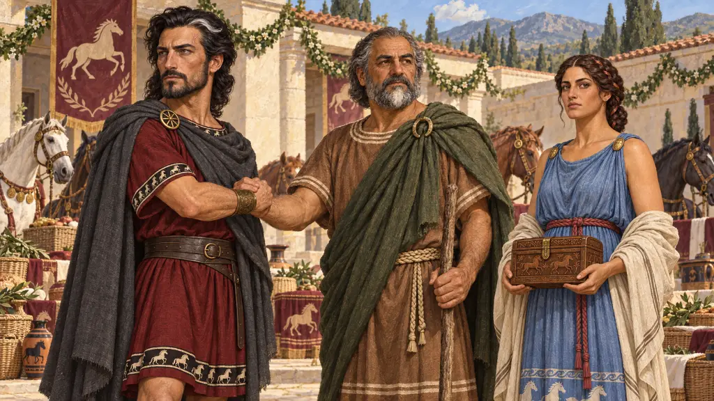 Ο Ιξίων και ο Ηιονέας συμφωνούν μπροστά στη Δία, στα άλογα και στα γαμήλια δώρα.