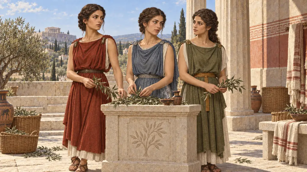 Οι τρεις αδελφές στέκονται μαζί σε αυλή της Ακρόπολης: η Άγλαυρος στα κεραμιδί, η Έρση στα γαλάζια και η Πάνδροσος στα πράσινα.