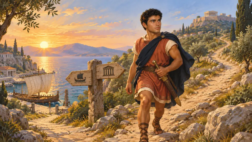 Ο Θησέας αφήνει πίσω το λιμάνι της Τροιζήνας και ακολουθεί τον ορεινό δρόμο προς την Αθήνα.