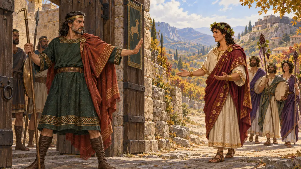 Ο Λυκούργος υψώνει την ανοιχτή παλάμη στην πύλη, ενώ ο Διόνυσος και οι ενήλικοι ακόλουθοί του περιμένουν στον δρόμο.
