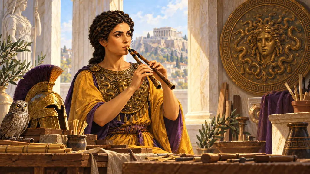 Η Αθηνά δοκιμάζει ένα ζευγάρι ξύλινους αυλούς στο φωτεινό εργαστήριό της.