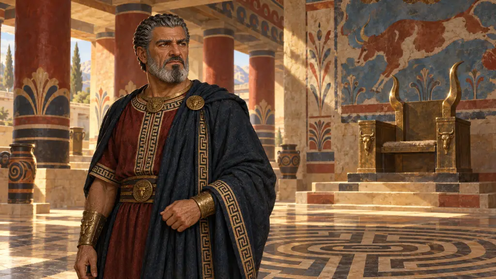 Ο ώριμος Μίνωας στέκεται σε μινωική αίθουσα μπροστά από χάλκινο θρόνο, ενώ στο βάθος διακρίνεται μόνο η γεωμετρική σκιά του λαβύρινθου.