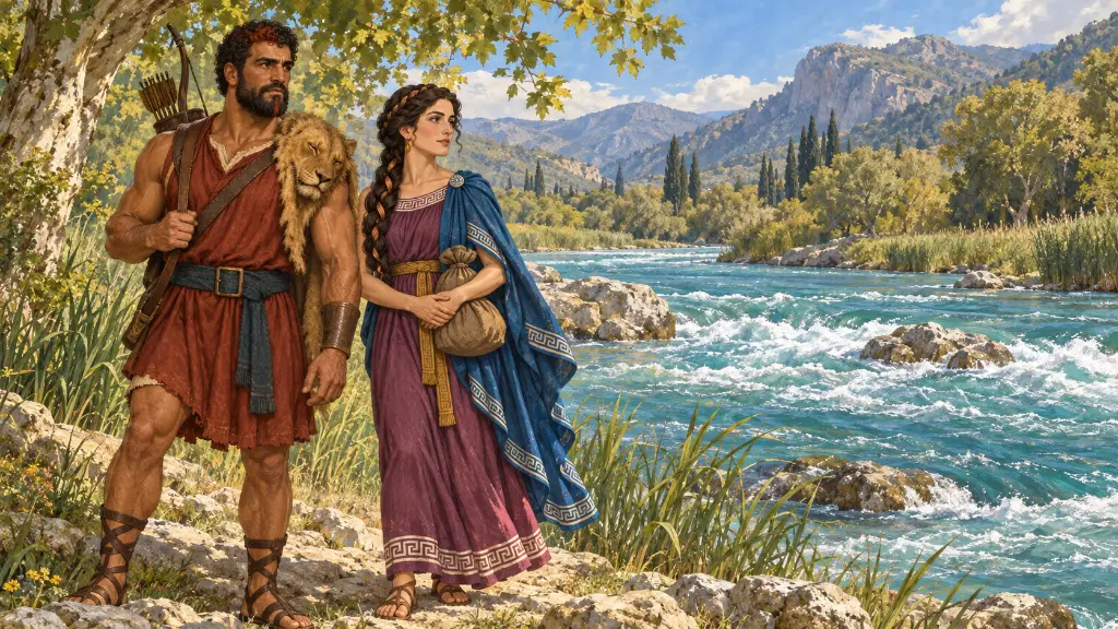 Ο Ηρακλής και η Δηιάνειρα στέκονται μαζί στην όχθη και εξετάζουν τα γρήγορα νερά του Ευήνου.