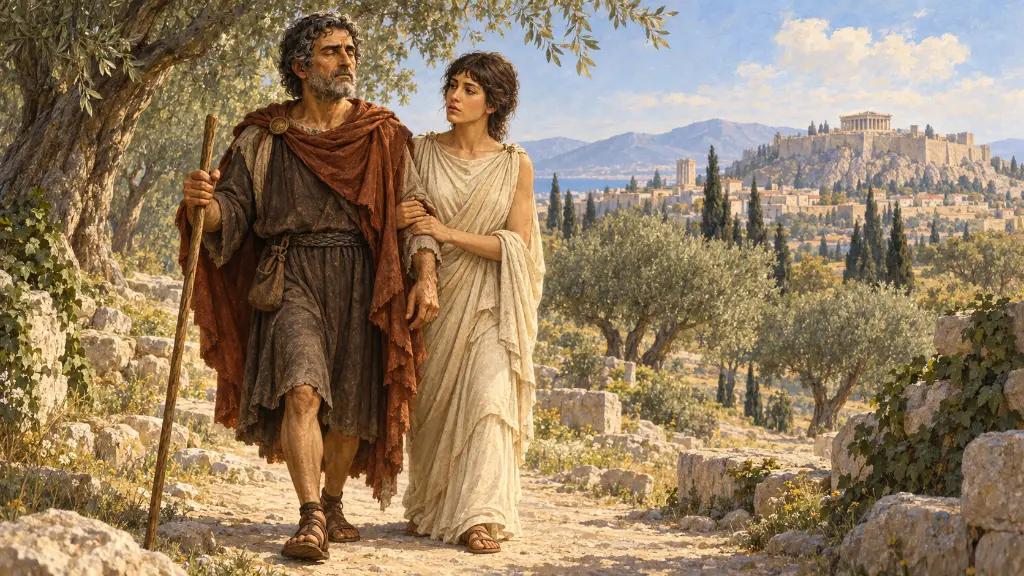 Η Αντιγόνη κρατά το χέρι του ηλικιωμένου Οιδίποδα σε έναν ήσυχο δρόμο προς την Αττική.