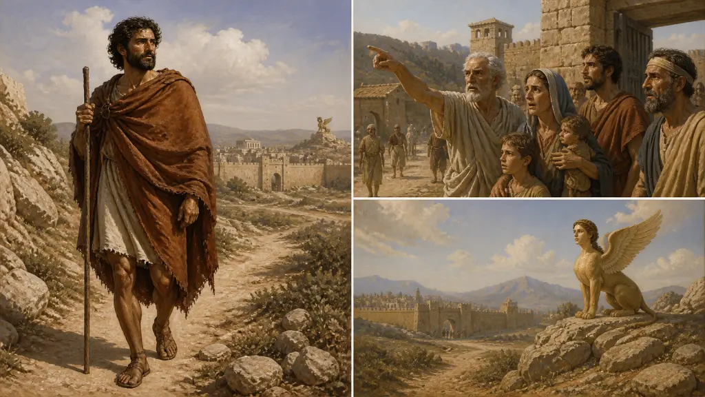 Ο Οιδίποδας και η Σφίγγα — Ο Οιδίποδας πλησιάζει τη φοβισμένη Θήβα