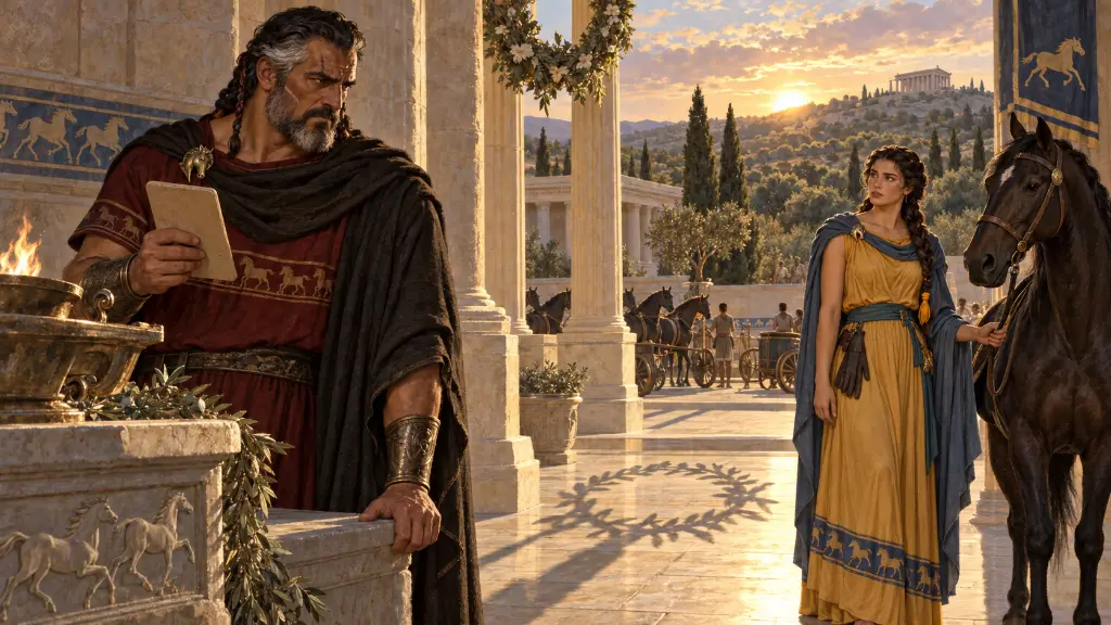 Ο Οινόμαος κρατά μια άγραφη πινακίδα χρησμού και κοιτά ανήσυχος την ενήλικη Ιπποδάμεια, που στέκεται δίπλα σε ένα μαύρο άλογο.