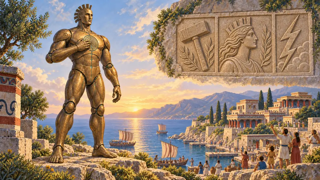 Ο τεράστιος χάλκινος Τάλως φυλάει ένα φωτεινό κρητικό λιμάνι δίπλα σε ανάγλυφα σύμβολα των διαφορετικών παραδόσεων.