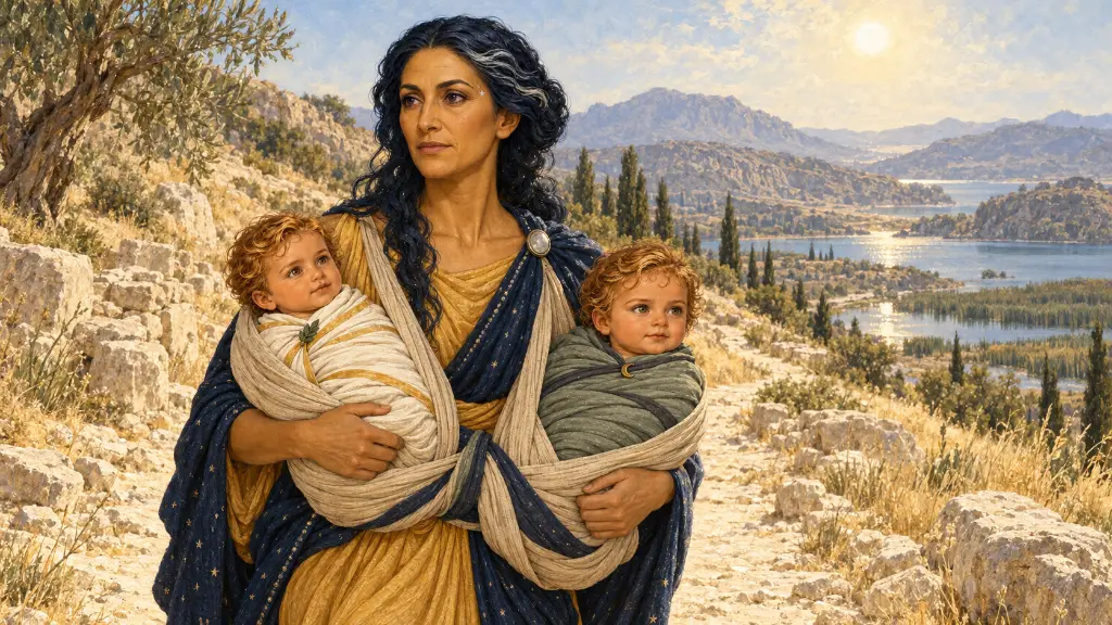 Η Λητώ περπατά στη ζέστη κρατώντας τα δύο μωρά της